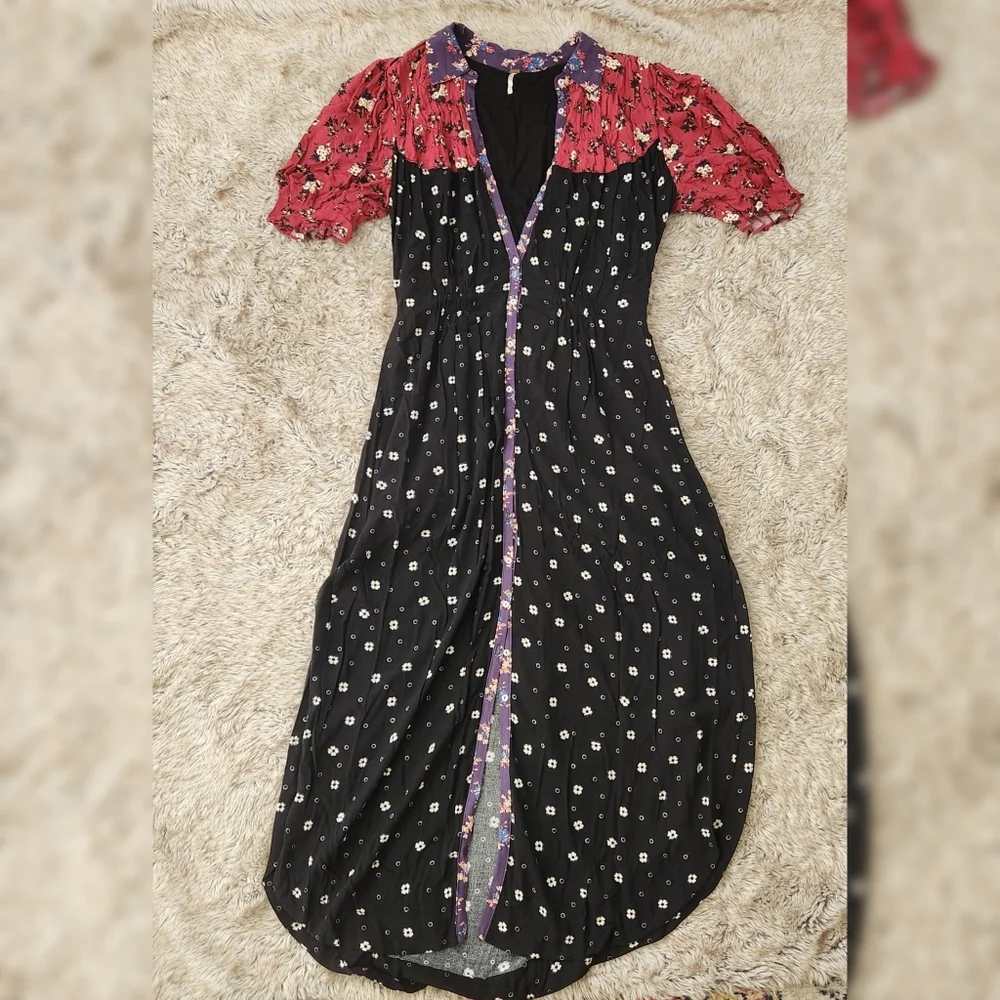 Free People Nora‎ Midi Dress Short Sleeve Red & Black Floral Print Women's Large